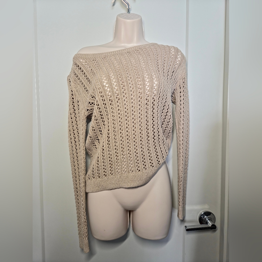 a.n.a Neutral Beige Openwork Off-Shoulder Sweater